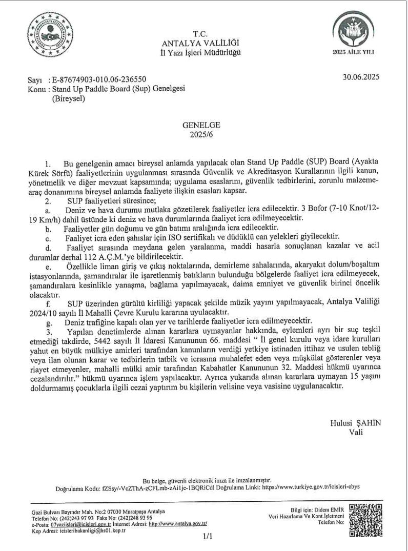 SUP Genelgesi 2025/6 - Antalya Valiliği